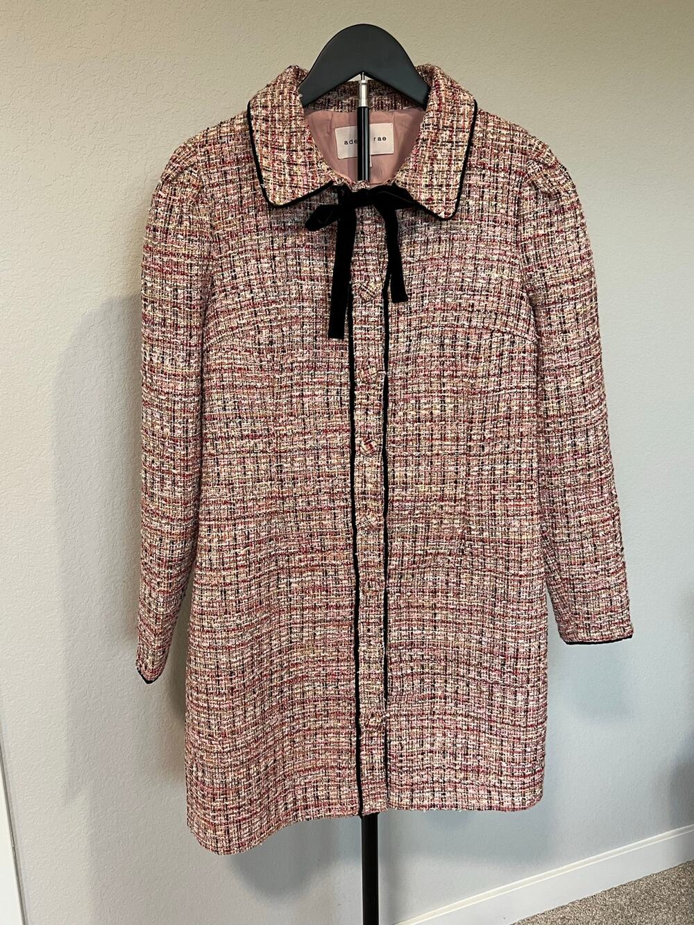 Adelyn Rae Pink Tweed Longline Jacket Velvet Bow Parisian Coquette Size S